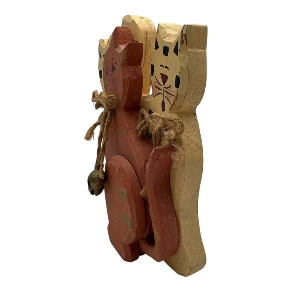 Wooden Cats Feline Folk Art Hand Painted Decorative Cottage Core Display